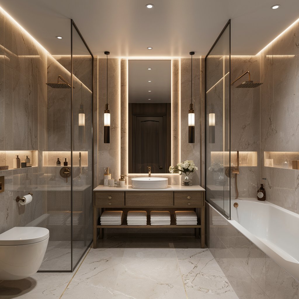 12 Stunning Luxury Bathroom Lighting Ideas to Elevate Your Space 1 Elegant luxury bathroom featuring a layered lighting scheme with soft ambient lights, modern wall sconces, and sleek pendant lights. The sophisticated lighting design creates a serene, spa-like atmosphere, enhancing the marble countertops and contemporary fixtures. Ideal for anyone seeking high-end bathroom lighting ideas to elevate their space with warmth and elegance.