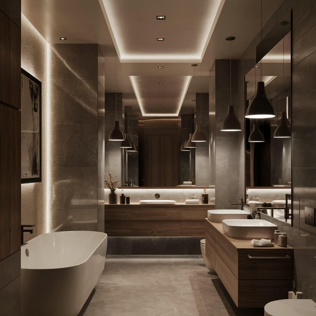 12 Stunning Organic Modern Bathroom Inspirations to Try 11 A beautifully designed organic modern bathroom featuring layered lighting elements that create a warm and inviting atmosphere. The space showcases a minimalist aesthetic with natural wood accents, sleek fixtures, and strategically placed light sources, including pendant lights and recessed lighting. The soft glow enhances the earthy tones of the decor, highlighting the seamless integration of nature and contemporary design. This image exemplifies how layered lighting can elevate the overall ambiance in an organic modern bathroom setting.
