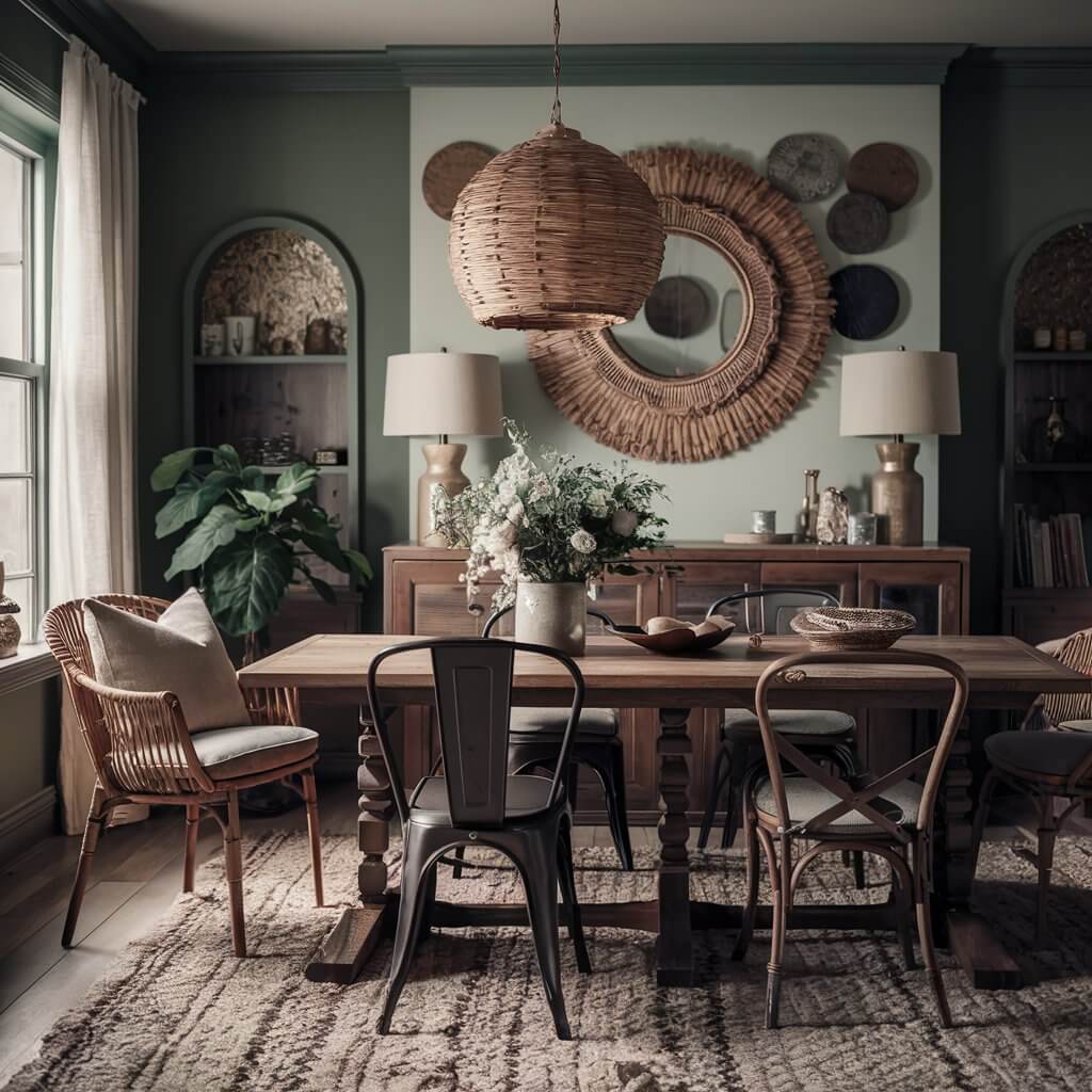 13 Stunning Dining Room Layout Ideas You Need to Try 9 An inspiring dining room layout showcasing layered textures, featuring a wooden dining table adorned with a soft woven table runner, upholstered chairs with intricate fabric patterns, and a textured area rug that adds warmth to the space. The design includes a statement chandelier above the table, complemented by wall art that enhances the layered aesthetic. This layout idea beautifully combines modern and rustic elements, creating an inviting atmosphere for gatherings.