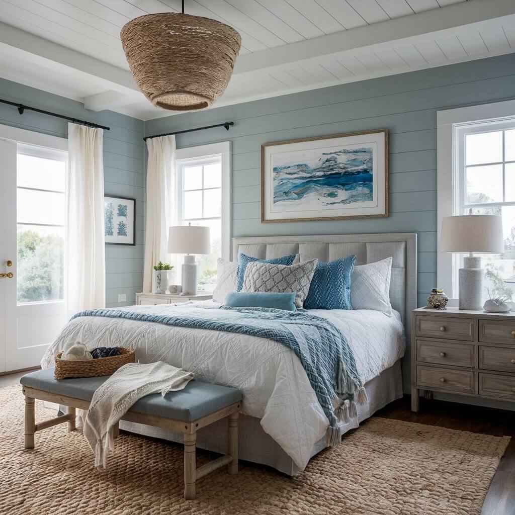 13 Must-Try Coastal Colors for Your Dream Bedroom Makeover 7 Serene coastal bedroom showcasing light gray walls paired with soft white bedding and natural wood accents, creating a tranquil atmosphere inspired by seaside living. The light gray color enhances the room's airy feel, reflecting the calming tones of the ocean and beach, ideal for a relaxing retreat