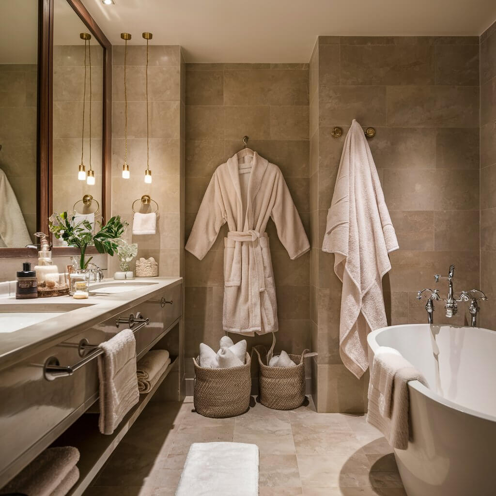 10 Must-Have Spa Bathroom Accessories for a Relaxing Retreat 1 Luxurious towels and robes displayed in a serene spa bathroom, featuring soft, plush fabrics in calming colors. Perfect for creating a spa-like retreat at home, these elegant bathroom accessories enhance relaxation and comfort, transforming your bathing experience into a tranquil oasis. Ideal for pampering yourself or guests, these luxurious towels and robes are essential spa bathroom accessories that elevate your home décor.