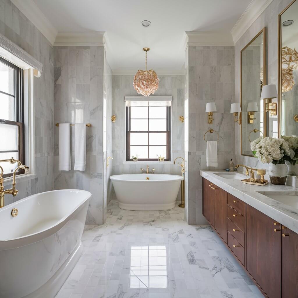 13 Unique Luxury Bathroom Tile Designs to Consider 1 Stunning luxury bathroom tile design featuring exquisite marble elegance. The smooth white marble tiles, accented with subtle veining, create a timeless and sophisticated look. Perfect for high-end bathroom decor, this design adds a touch of opulence and refined beauty to any modern bathroom. Ideal for those seeking luxurious bathroom inspiration with classic marble tile ideas