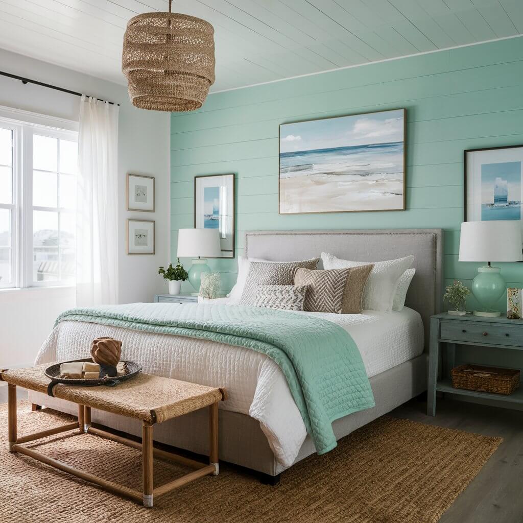 13 Must-Try Coastal Colors for Your Dream Bedroom Makeover 10 Coastal bedroom showcasing a serene mint green color palette, featuring soft mint green walls paired with white furniture and natural textures. This tranquil coastal-inspired space highlights the calming effects of mint green, complemented by light wood accents and ocean-themed decor, perfect for creating a beachy retreat at home.