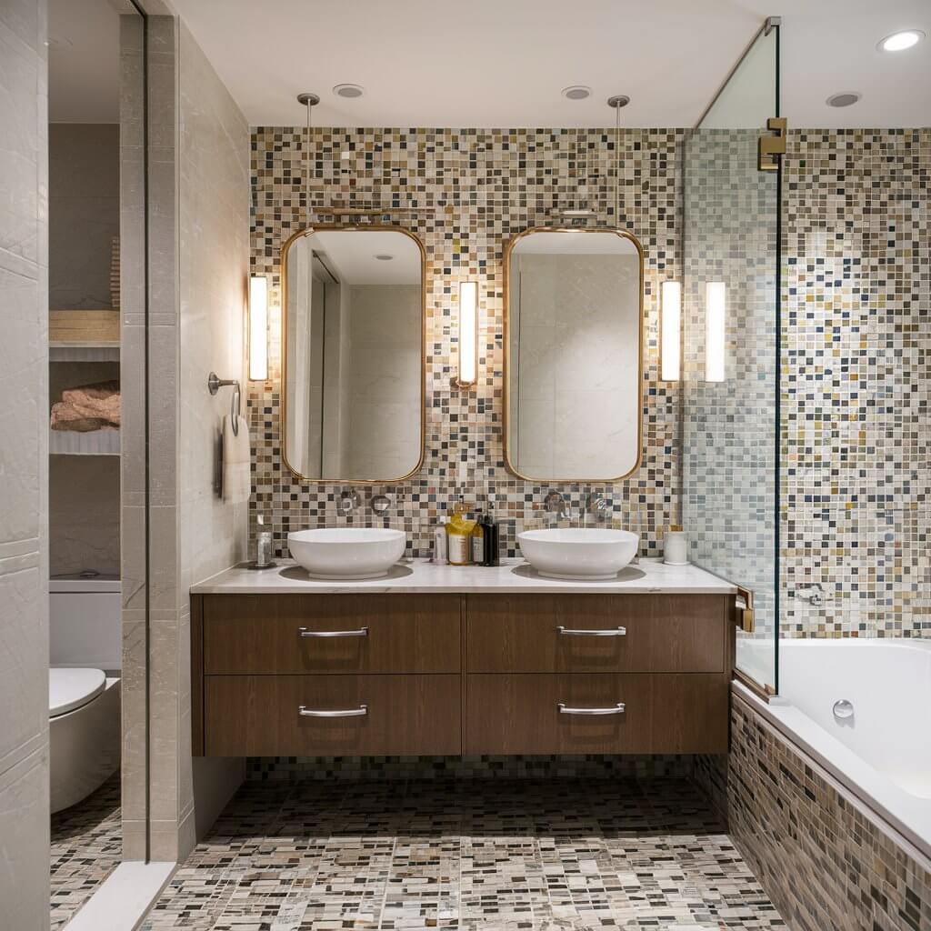 13 Unique Luxury Bathroom Tile Designs to Consider 6 Elegant luxury bathroom featuring mosaic accent tiles in a modern design. The intricate tilework adds a sophisticated touch to the bathroom, enhancing the space with a mix of textures and patterns. Perfect for upscale bathroom tile designs, these mosaic tiles create a focal point that elevates the overall aesthetic, combining both style and function for a luxurious feel