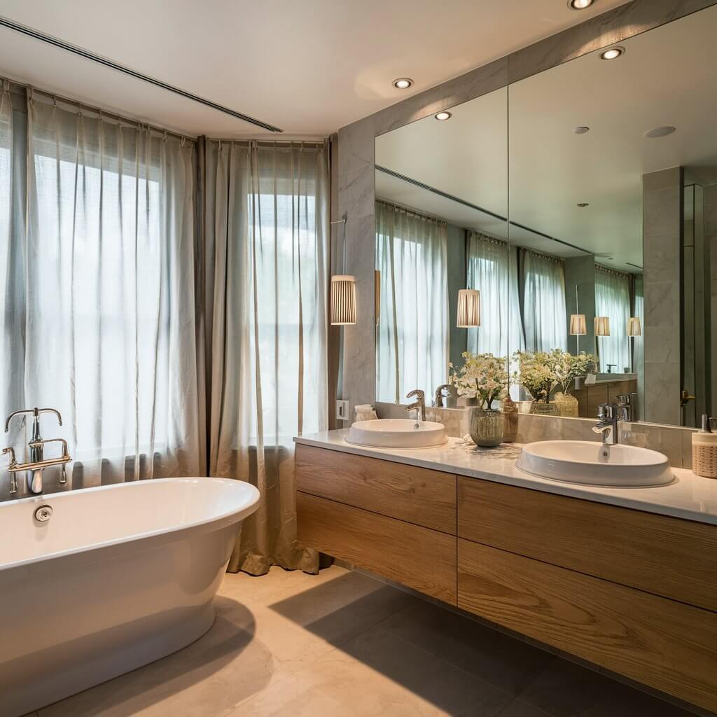 12 Stunning Luxury Bathroom Lighting Ideas to Elevate Your Space 10 Bright and elegant luxury bathroom lighting showcasing natural light enhancement. Large windows allow sunlight to flood the space, creating an airy and serene atmosphere. Modern pendant lights complement the natural light, while sleek, reflective surfaces enhance the brightness. Perfect blend of natural and artificial lighting for a sophisticated bathroom design.