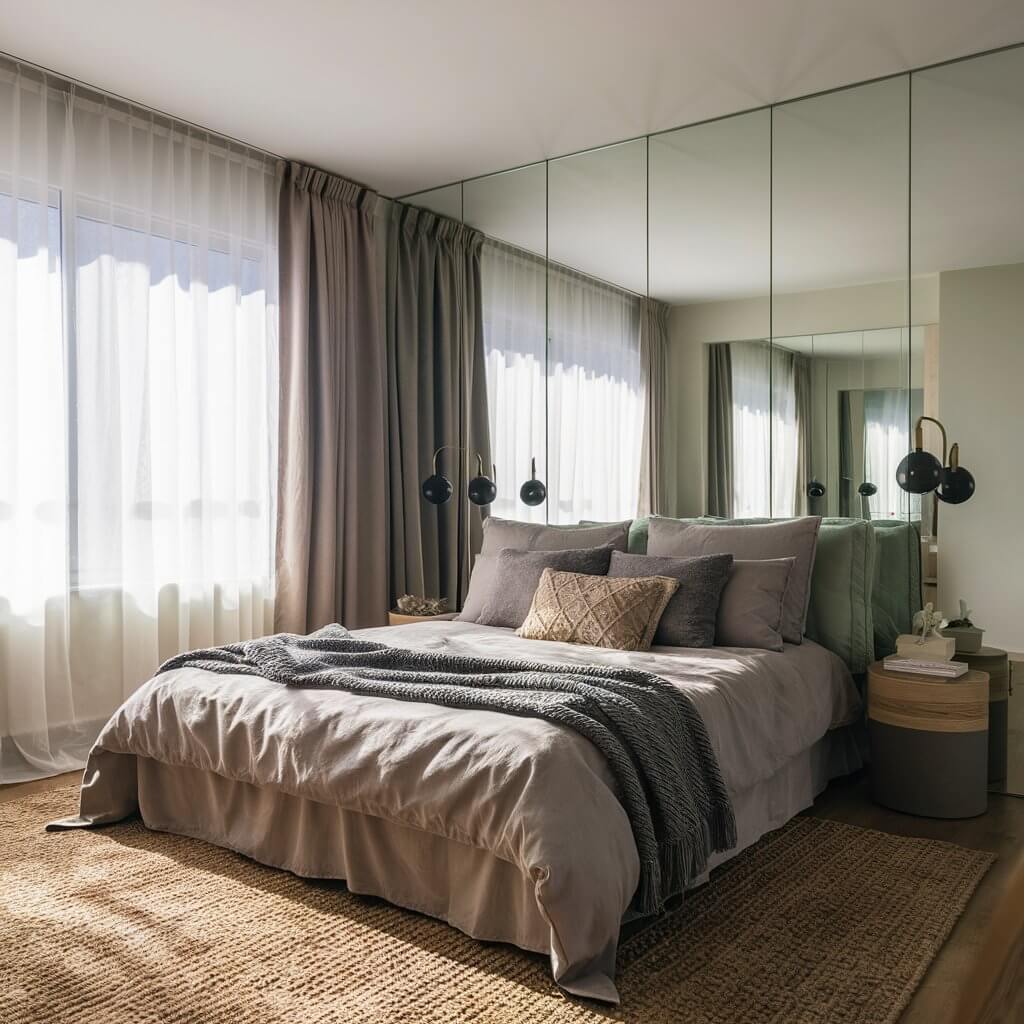 12 Creative Bedroom Décor Light Ideas for Every Style 10 Bright and airy bedroom decor showcasing natural light enhancements with sheer curtains, strategically placed mirrors, and light-colored furnishings to maximize sunlight. This inviting space features a cozy bed adorned with textured pillows, a stylish bedside table, and potted plants, creating a serene atmosphere that promotes relaxation and tranquility in modern bedroom design.