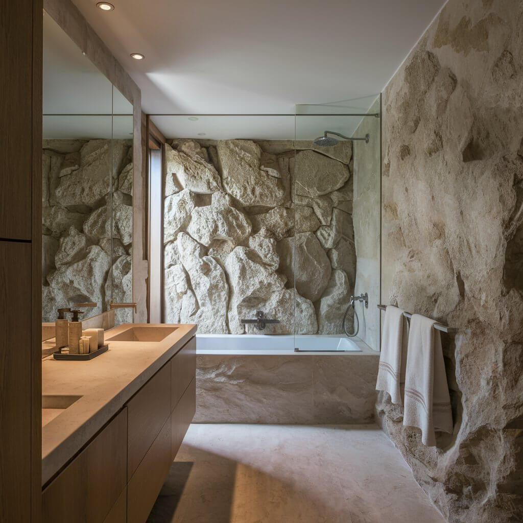 12 Stunning Organic Modern Bathroom Inspirations to Try 1 Elegant organic modern bathroom featuring natural stone accents, showcasing a serene, earthy design with sleek fixtures and organic materials. The natural stone walls and countertops create a calming spa-like atmosphere, complemented by minimalist decor and soft, neutral tones. Perfect blend of modern luxury and eco-friendly design for a sophisticated bathroom retreat.