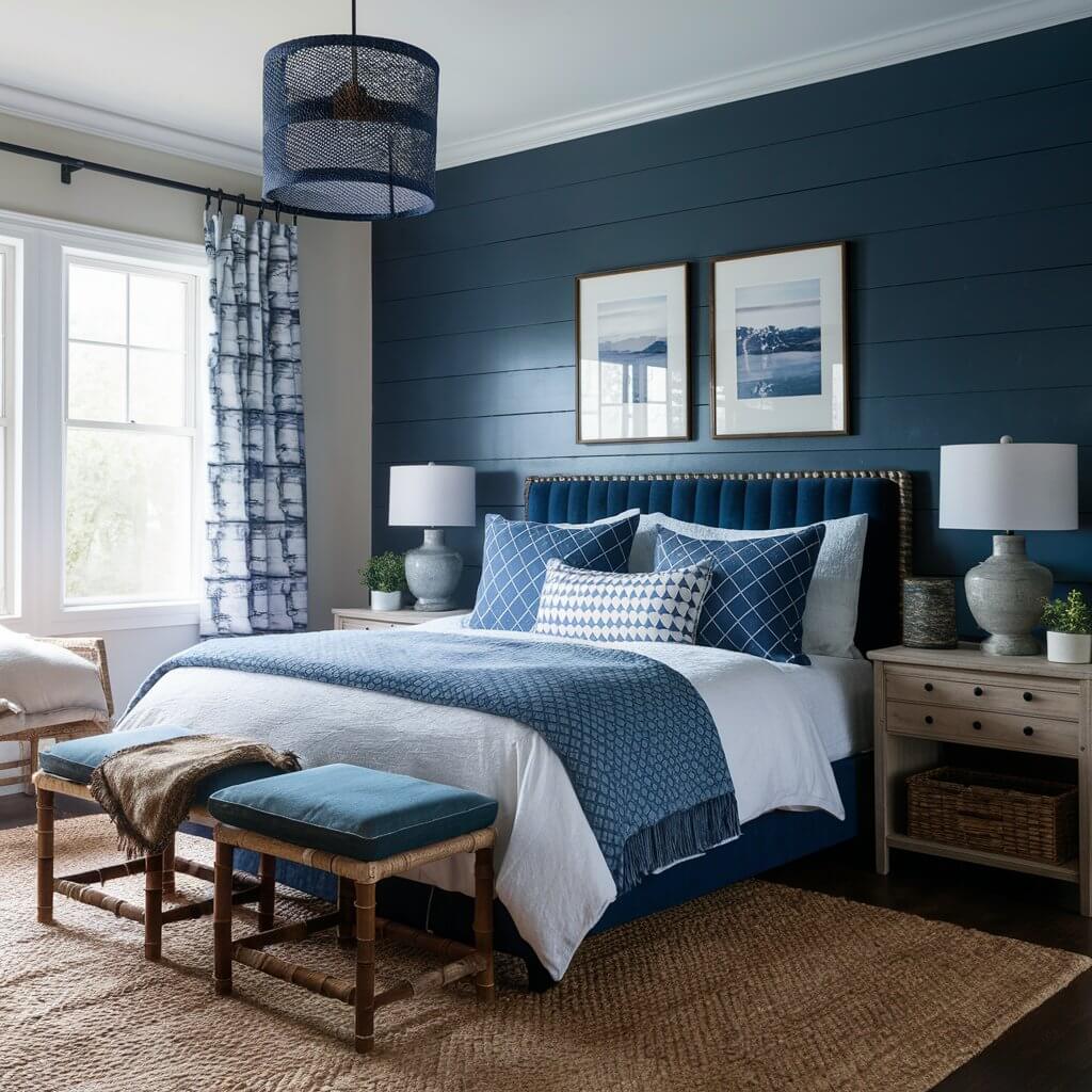 13 Must-Try Coastal Colors for Your Dream Bedroom Makeover 6 Coastal bedroom showcasing Nautical Navy accents, featuring a serene color palette that combines deep blue walls with white and sandy beige furnishings, creating a relaxing seaside atmosphere perfect for beach-inspired decor.