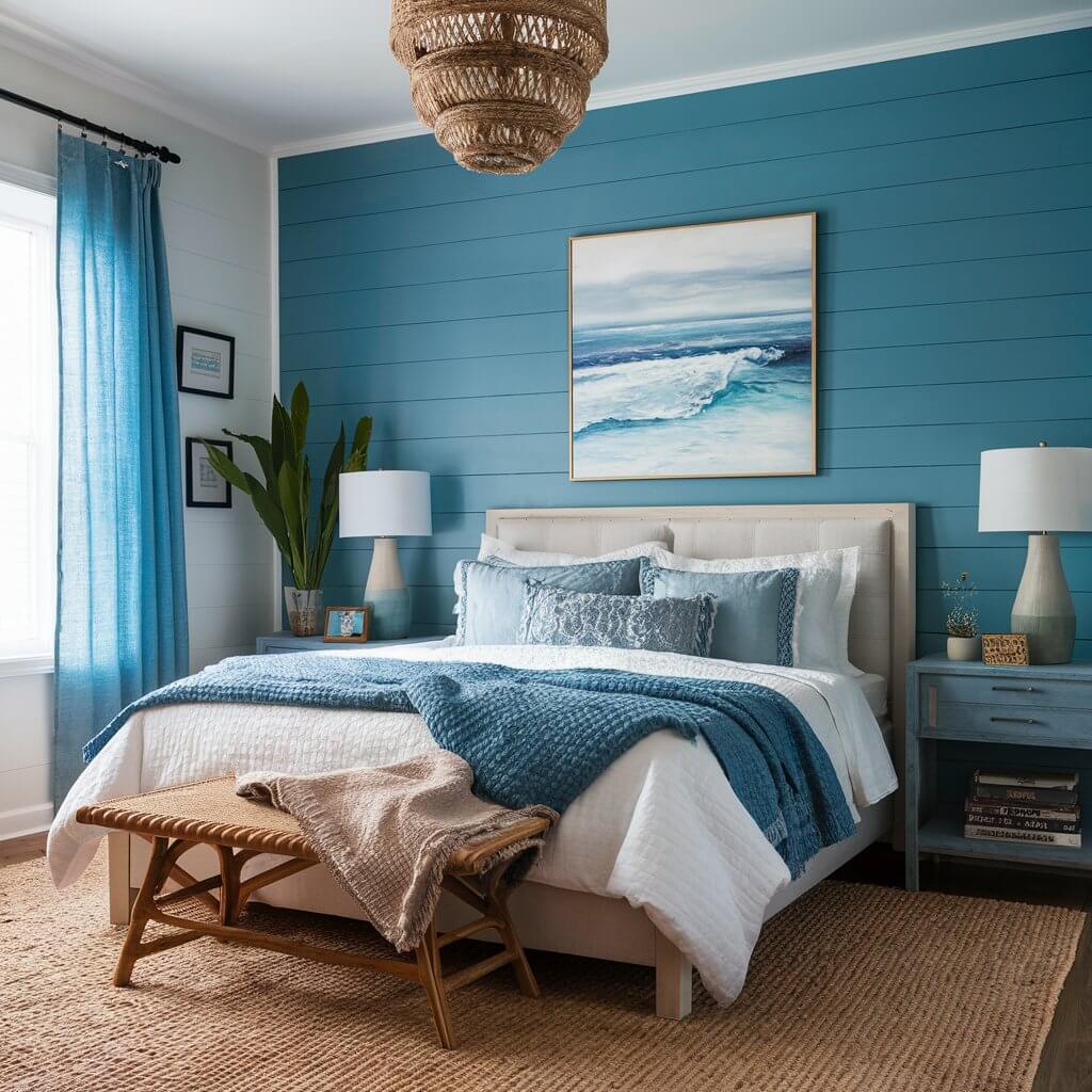 13 Must-Try Coastal Colors for Your Dream Bedroom Makeover 2 Coastal bedroom colors featuring a serene ocean blue palette, ideal for creating a calming beach-inspired retreat. The soft ocean blue walls complement white furniture and natural textures, evoking a tranquil seaside atmosphere perfect for relaxation and coastal living.