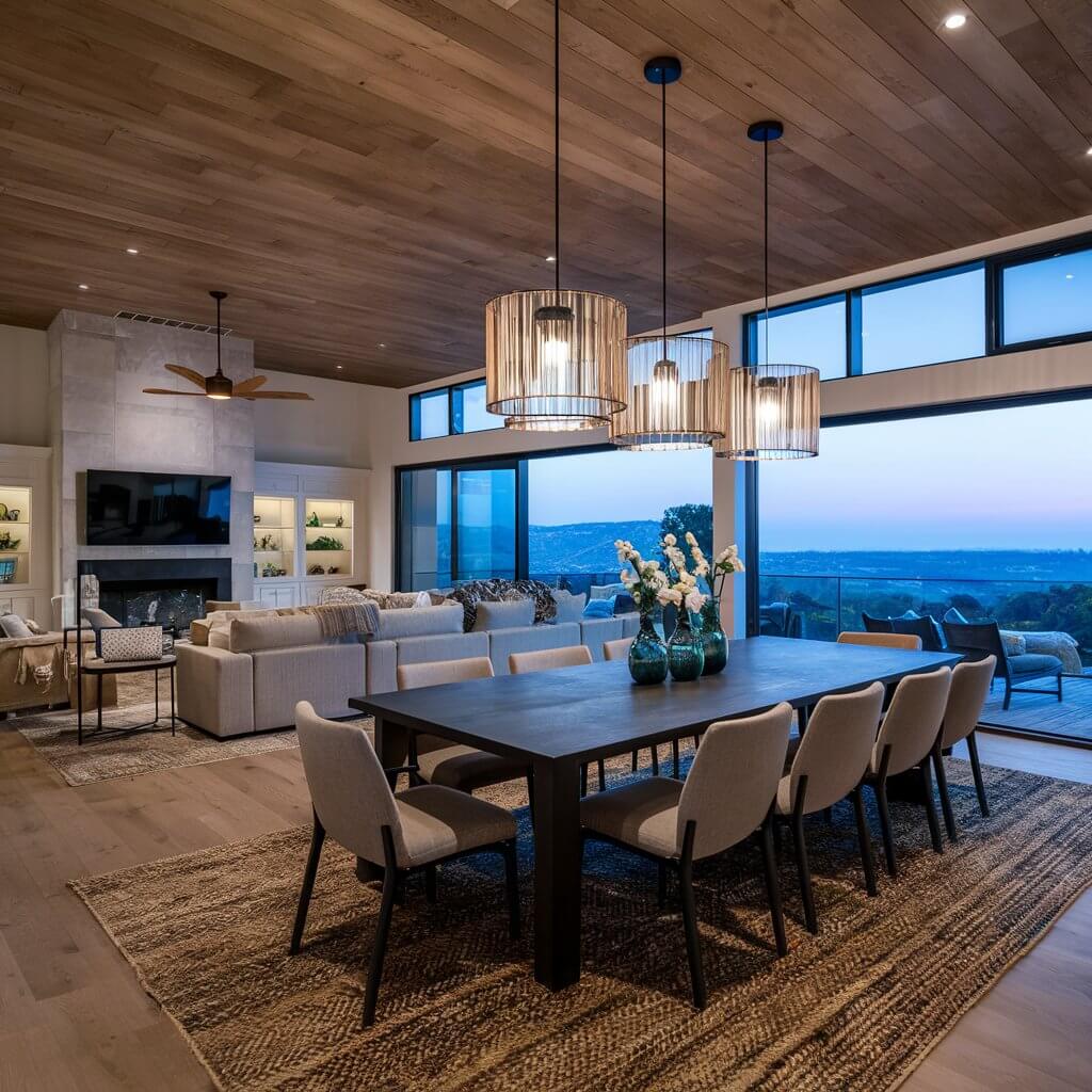 13 Stunning Dining Room Layout Ideas You Need to Try 2 Open-concept dining and living area with a spacious layout, featuring a modern dining table set against a backdrop of neutral tones and natural lighting. This layout idea seamlessly connects the dining space with the living room, enhancing flow and maximizing space for entertaining. Perfect inspiration for those seeking open-concept dining room layout ideas with a cozy, functional aesthetic.