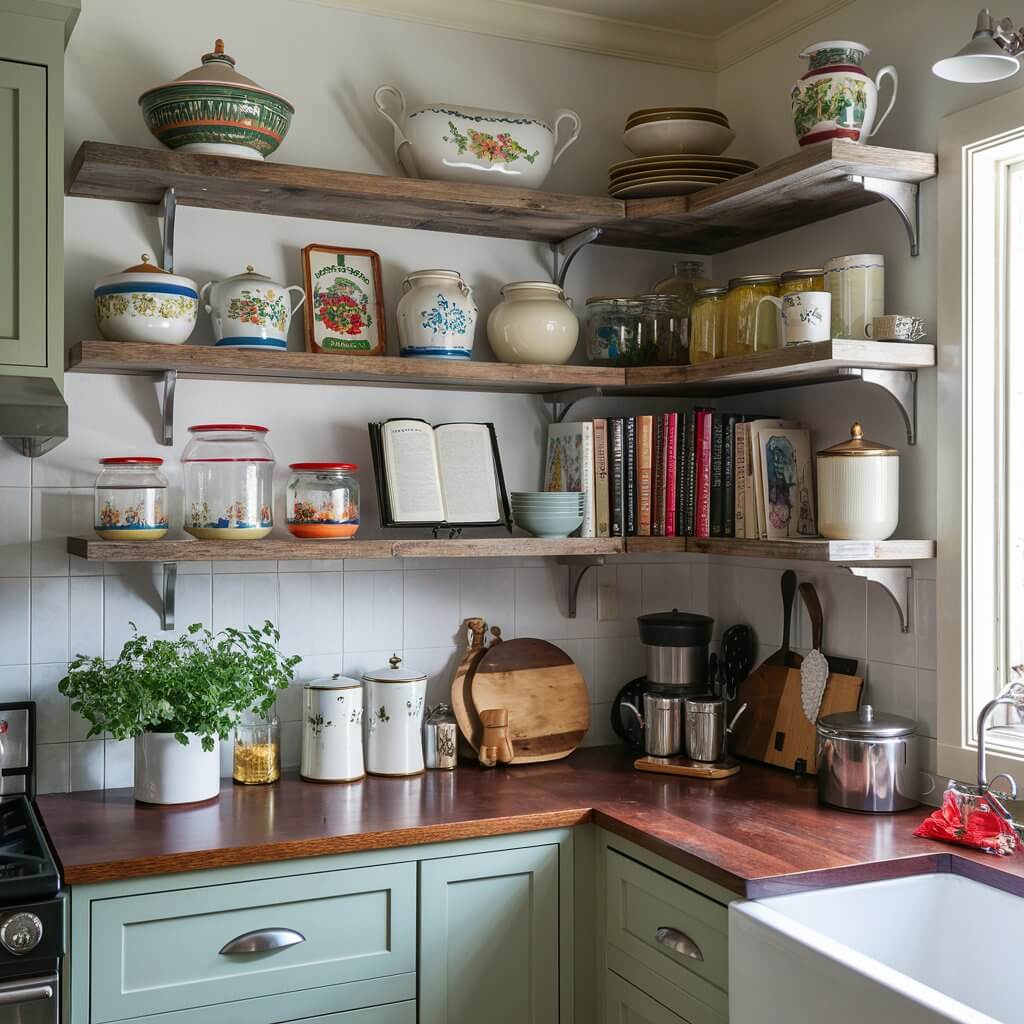 14 Vintage Kitchen Ideas That Will Inspire Your Next Remodel 4 Charming vintage kitchen with open shelving, displaying rustic dishes and antique decor. The wooden shelves add a farmhouse touch, creating a warm and inviting space. Ideal for showcasing vintage kitchenware, this open shelving design enhances both functionality and style, perfect for a retro-inspired kitchen makeover.