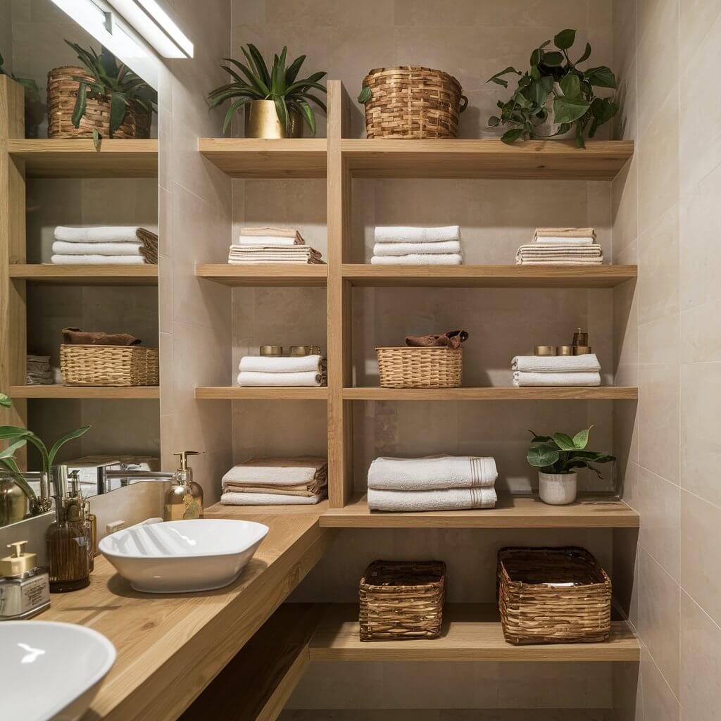 12 Stunning Organic Modern Bathroom Inspirations to Try 6 A beautifully designed organic modern bathroom featuring open shelving made of natural wood. The open shelves are adorned with minimalist decor, including plants, towels, and organic bath products, creating a serene and inviting atmosphere. The bathroom showcases a blend of earthy tones and clean lines, highlighting the harmony between functionality and aesthetics in contemporary design. This space exemplifies the principles of organic modern style, emphasizing sustainability and natural materials.