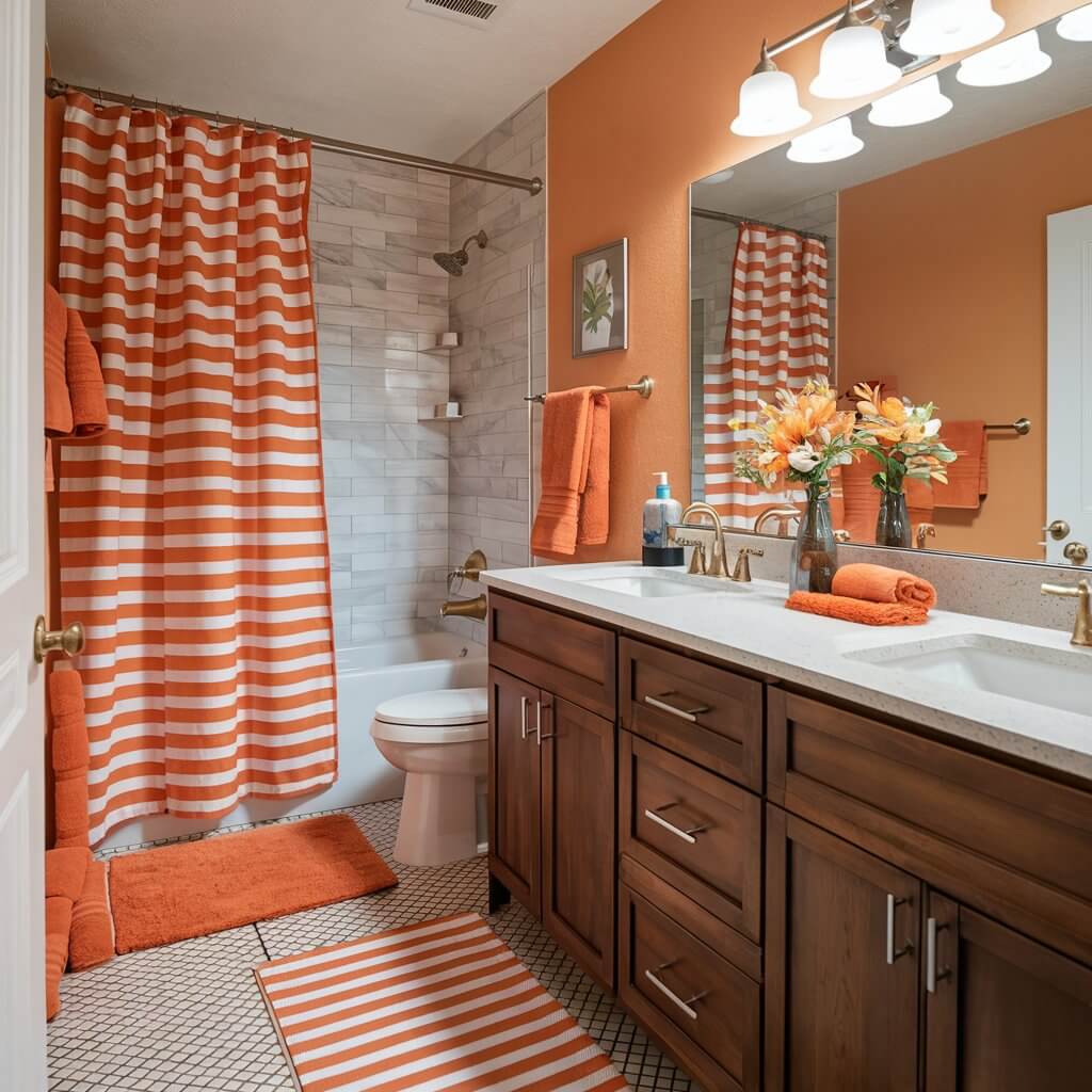 10 Stunning Orange Bathroom Ideas You’ll Want to Copy 2 Modern bathroom featuring vibrant orange accented textiles, including plush towels and a patterned shower curtain, adding a pop of color to the neutral space. The bold orange accents create a warm and inviting atmosphere, perfectly blending with contemporary bathroom decor. Ideal for homeowners looking for orange bathroom ideas, these textiles provide an easy way to incorporate a trendy color scheme without overpowering the room.