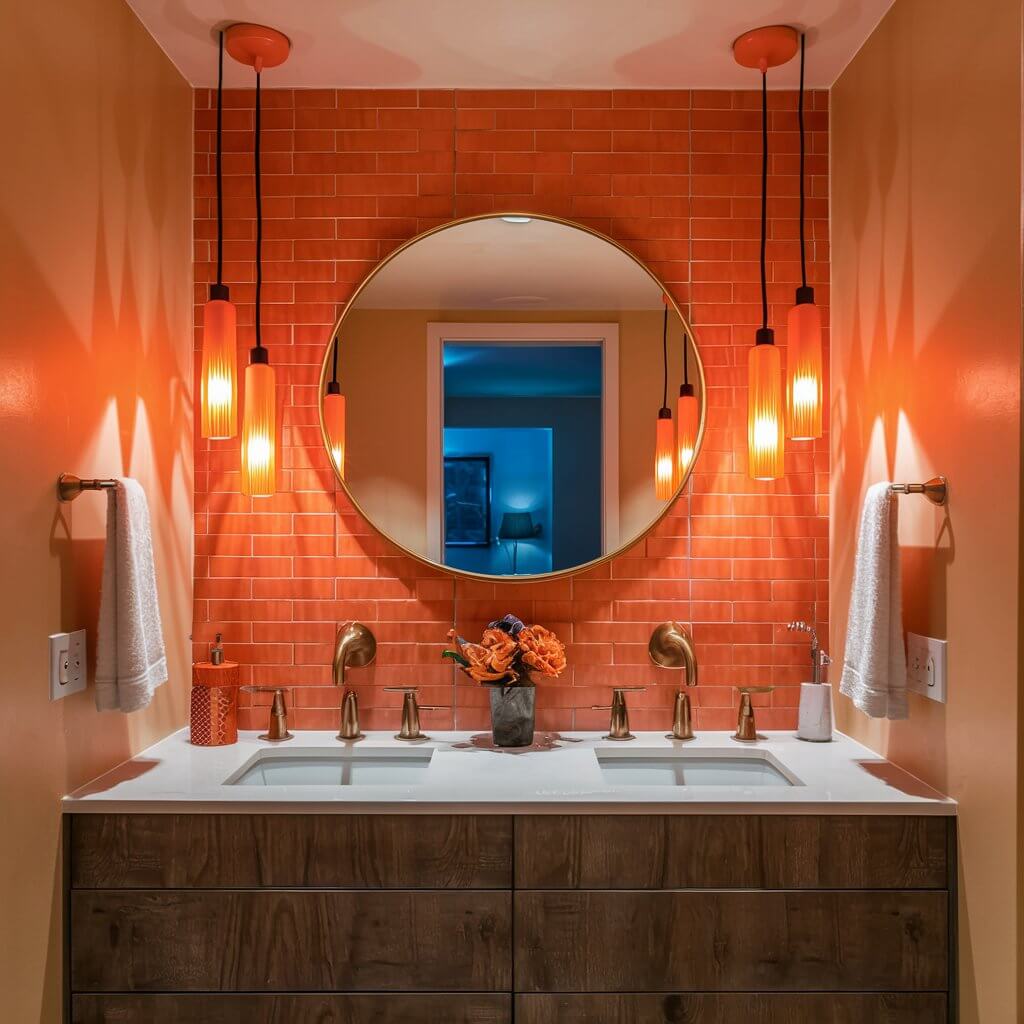 10 Stunning Orange Bathroom Ideas You’ll Want to Copy 10 Modern bathroom featuring stylish orange lighting fixtures that add a vibrant pop of color to the space. The warm orange tones create a cozy and inviting atmosphere, perfect for a contemporary bathroom design. Ideal for homeowners looking to incorporate bold orange bathroom ideas with unique lighting solutions that enhance both functionality and aesthetics.