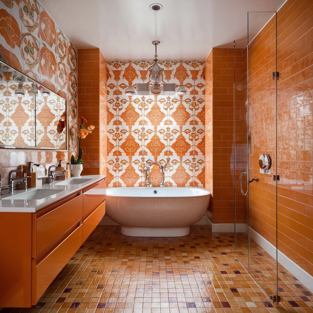 10 Stunning Orange Bathroom Ideas You’ll Want to Copy 6 Bright and modern orange bathroom featuring stunning orange tile floors, creating a vibrant and inviting atmosphere. The orange tiles complement stylish fixtures and accessories, perfect for those looking to add a pop of color to their bathroom design. Explore creative orange bathroom ideas that enhance your space with warmth and personality.