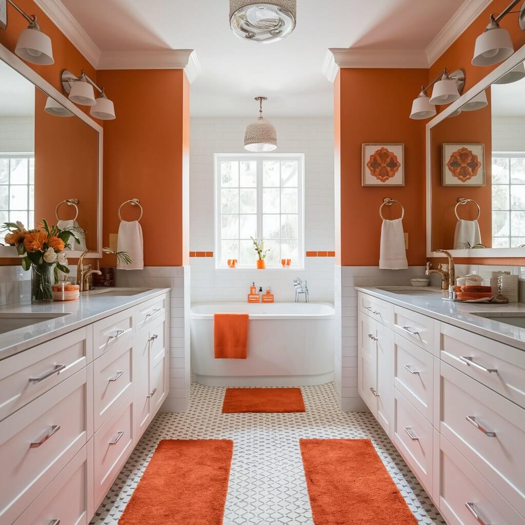 10 Stunning Orange Bathroom Ideas You’ll Want to Copy 4 Stylish orange and white bathroom design showcasing a vibrant orange and white color scheme. The image features modern bathroom fixtures, orange accent walls, and white cabinetry, creating a fresh and inviting atmosphere. Ideal for inspiration on orange bathroom ideas, this design emphasizes a harmonious blend of bright hues, making the space feel lively and spacious.
