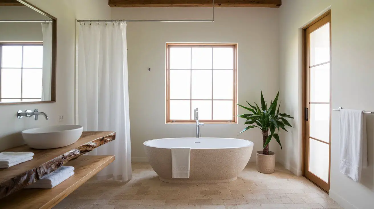 Beautiful organic modern bathroom featuring natural wood accents, sleek minimalist fixtures, and neutral-toned stone tiles. The blend of earthy materials with modern design creates a serene, spa-like atmosphere, perfect for relaxation. Soft lighting enhances the natural textures, while greenery adds a touch of freshness, embodying the essence of organic modern bathroom decor.