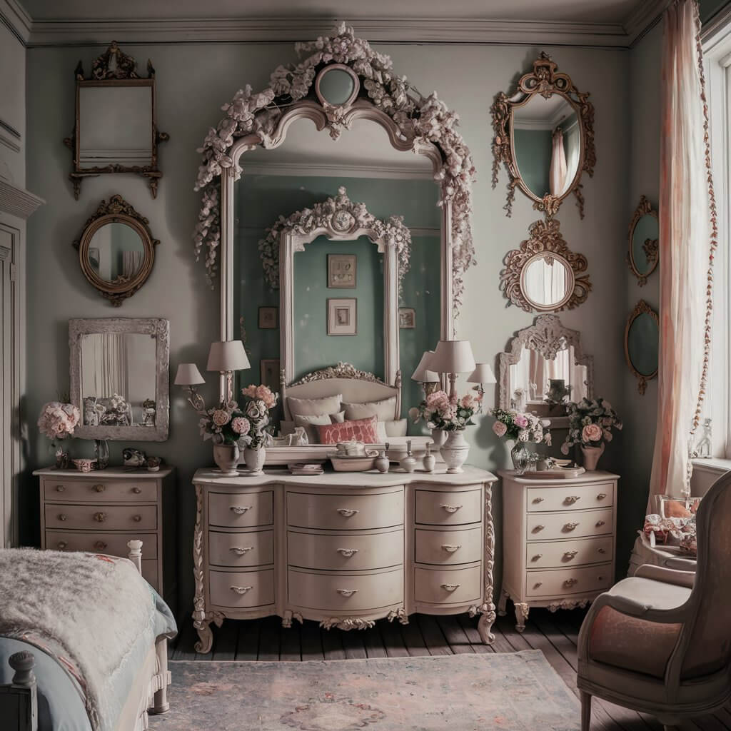 Elegant vintage bedroom featuring an ornate mirror with intricate detailing, adding timeless charm to the decor. The mirror's antique frame complements the vintage-inspired furniture, creating a classic, romantic ambiance. Perfect for those seeking vintage bedroom decor ideas with a focus on stylish and ornate mirrors