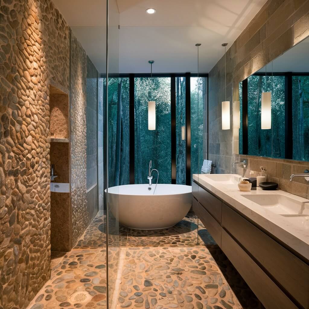 13 Unique Luxury Bathroom Tile Designs to Consider 12 Stunning luxury bathroom featuring elegant pebble stone tiles that enhance the spa-like ambiance. The natural textures and earthy tones of the pebble stone tiles create a serene retreat, perfect for relaxation. This luxurious design combines modern aesthetics with organic elements, showcasing how pebble stone tiles can transform a bathroom into a sophisticated oasis.