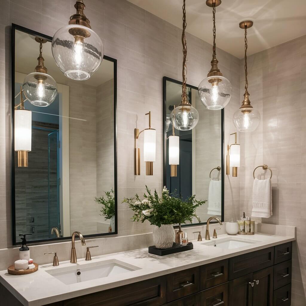 12 Stunning Luxury Bathroom Lighting Ideas to Elevate Your Space 7 Elegant pendant lights hanging over sleek bathroom vanities, enhancing the luxurious ambiance with soft, warm illumination. These modern luxury bathroom lighting ideas elevate the space with chic, stylish design, perfect for a high-end, spa-like retreat. The pendant lights add both functionality and sophistication, offering a balanced blend of contemporary flair and classic elegance.