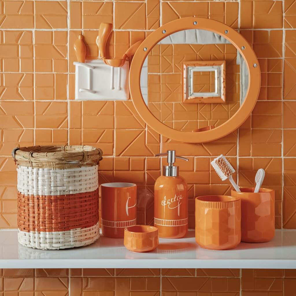 10 Stunning Orange Bathroom Ideas You’ll Want to Copy 8 Vibrant orange bathroom featuring playful accessories like towels, a shower curtain, and decorative items, showcasing creative orange bathroom ideas that add a cheerful and lively touch to your space."