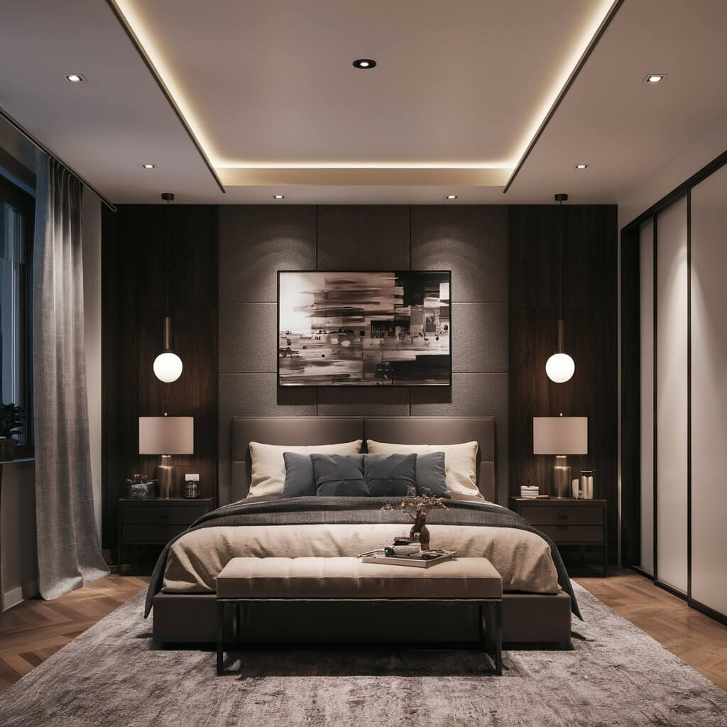 12 Creative Bedroom Décor Light Ideas for Every Style 8 Stylish bedroom decor featuring modern recessed lighting that enhances the cozy atmosphere. This image showcases elegant recessed fixtures installed in the ceiling, providing soft ambient light that beautifully illuminates the room. The design complements contemporary bedroom aesthetics, making it an ideal choice for creating a warm and inviting space. Explore innovative bedroom decor light ideas with recessed lighting to elevate your interior design