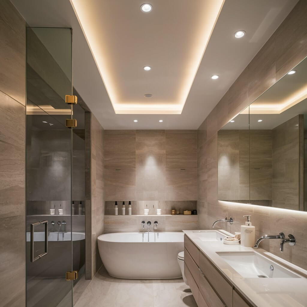 12 Stunning Luxury Bathroom Lighting Ideas to Elevate Your Space 5 Elegant luxury bathroom featuring recessed lighting, casting soft, ambient light across the marble countertops and sleek vanity. The minimalist recessed lighting design enhances the modern aesthetic, providing a warm and inviting atmosphere. Perfect for upscale bathroom remodels, this lighting solution combines style with functionality, creating a serene spa-like experience