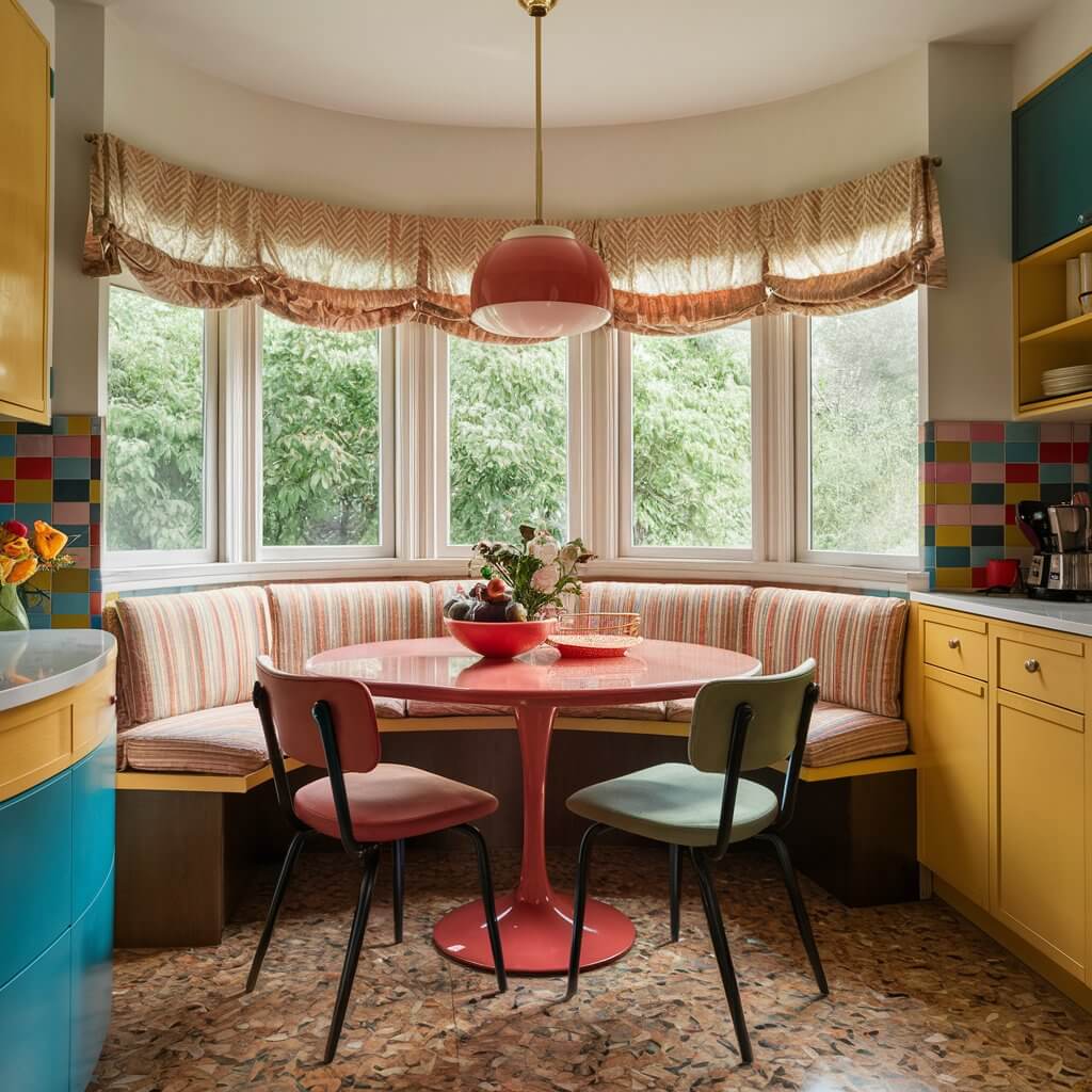 14 Vintage Kitchen Ideas That Will Inspire Your Next Remodel 10 Cozy retro dining nook featuring vintage kitchen decor, including a classic checkered floor, colorful mid-century modern chairs, and a retro-style round table. The soft pastel walls and charming diner-inspired accents create a warm, nostalgic ambiance, perfect for vintage kitchen ideas and retro-inspired home decor