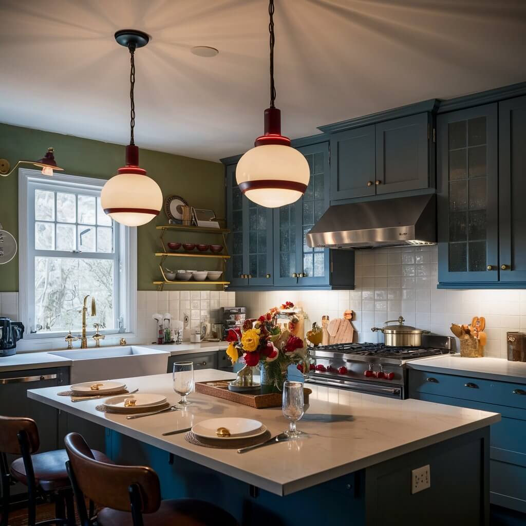 14 Vintage Kitchen Ideas That Will Inspire Your Next Remodel 5 Charming vintage kitchen with retro lighting fixtures featuring classic pendant lights in brushed brass, casting a warm glow over the retro-inspired countertops and cabinetry. The retro lighting adds a nostalgic touch, enhancing the kitchen's vintage aesthetic with its blend of mid-century design and modern functionality. Perfect for anyone seeking vintage kitchen ideas that evoke timeless elegance and retro charm.