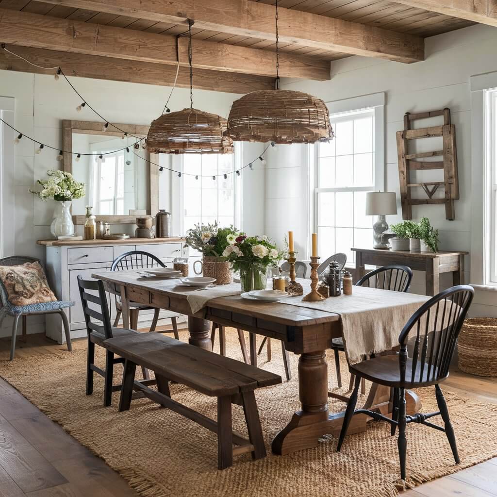 13 Stunning Dining Room Layout Ideas You Need to Try 5 Cozy rustic farmhouse dining room layout showcasing a warm and inviting setup with a large reclaimed wood dining table, vintage wooden chairs, and a distressed sideboard. This charming rustic farmhouse decor brings out earthy tones and textures, with farmhouse-style lighting and subtle decor accents creating a cozy and welcoming dining space. Perfect for those seeking dining room layout ideas that blend rustic charm with farmhouse elegance