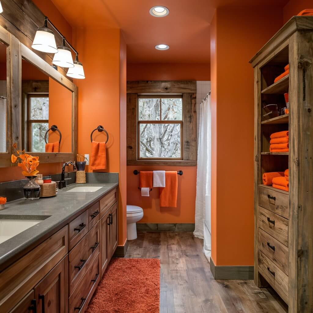 10 Stunning Orange Bathroom Ideas You’ll Want to Copy 7 Stylish bathroom featuring rustic orange accents, showcasing a warm color palette with orange-painted walls, vintage-inspired fixtures, and natural wood elements. This design combines modern functionality with rustic charm, creating a cozy atmosphere perfect for relaxation. Explore these orange bathroom ideas to add a vibrant touch to your home decor, emphasizing the beauty of orange hues in a rustic setting.