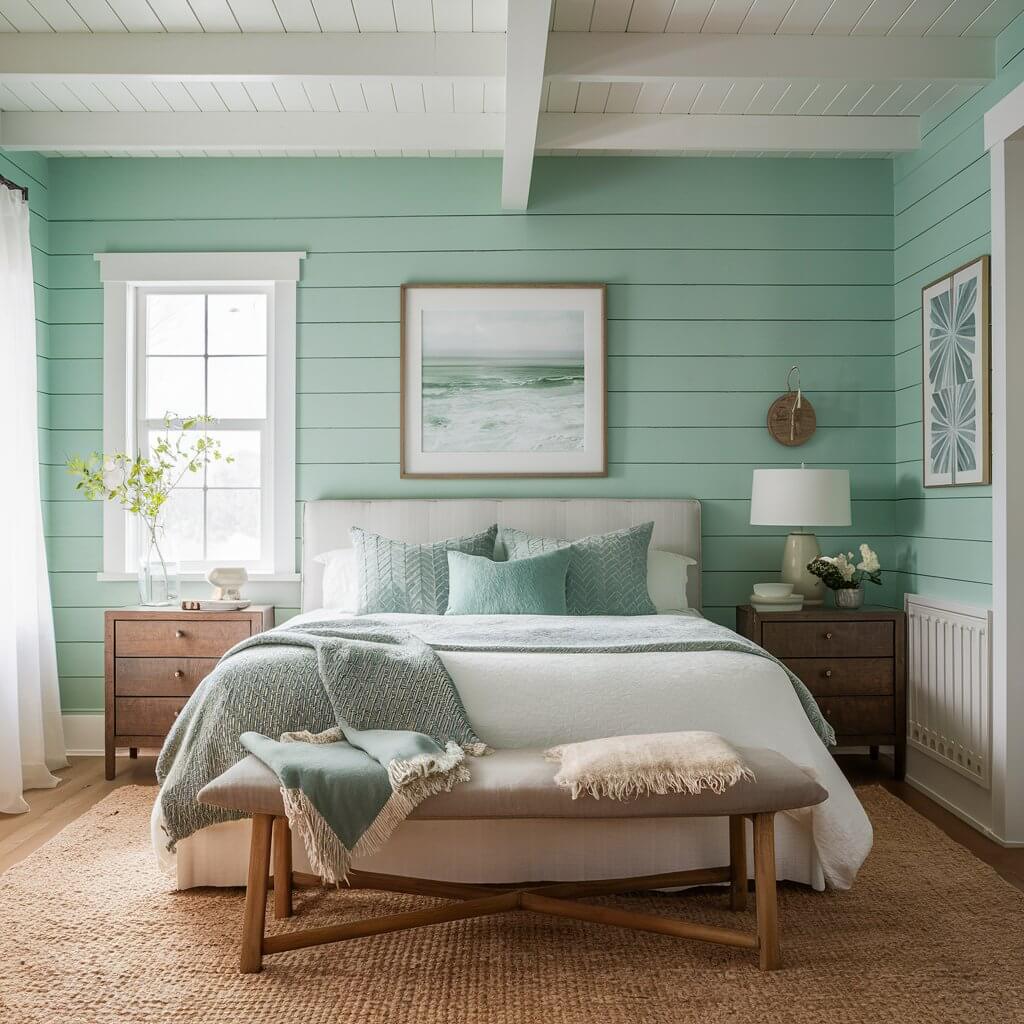 13 Must-Try Coastal Colors for Your Dream Bedroom Makeover 3 A serene coastal bedroom featuring soft seafoam green walls that evoke a tranquil beach atmosphere. The room is beautifully decorated with white linen bedding, driftwood accents, and nautical-themed decor, creating a relaxing retreat inspired by coastal colors. Perfect for anyone looking to incorporate soothing seaside hues into their home decor.