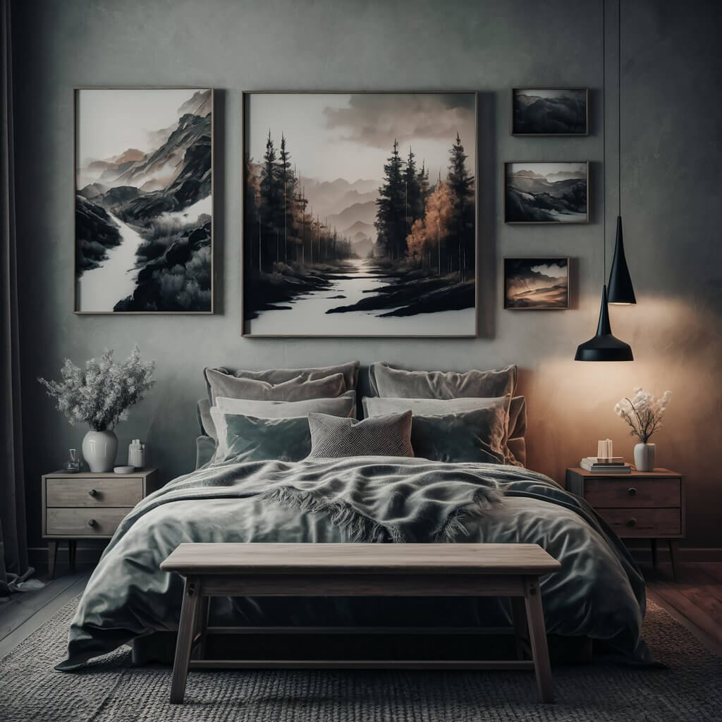 Select earthy artwork to bring warmth and nature-inspired style into your bedroom. This earthy bedroom design features soothing natural hues, organic textures, and wall art with botanical or abstract patterns. The selected earthy artwork adds depth to the space, enhancing its cozy and grounded feel, perfect for a modern organic bedroom aesthetic. Ideal for those seeking earthy bedroom ideas that blend tranquility with organic elegance.