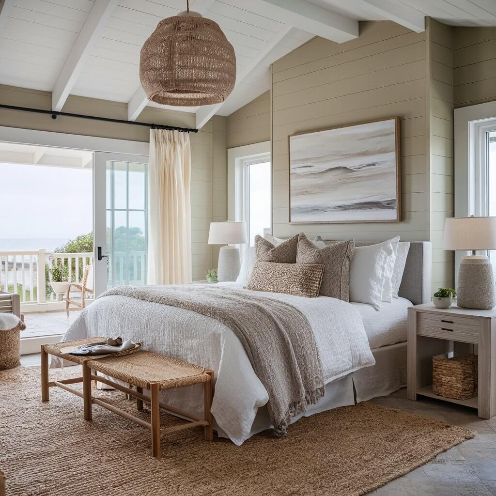 13 Must-Try Coastal Colors for Your Dream Bedroom Makeover 1 Coastal bedroom showcasing soft sandy beige walls, complemented by light ocean-inspired decor, creating a serene and inviting atmosphere. This color palette embodies the tranquility of beachside living, making it perfect for coastal-themed interior design.