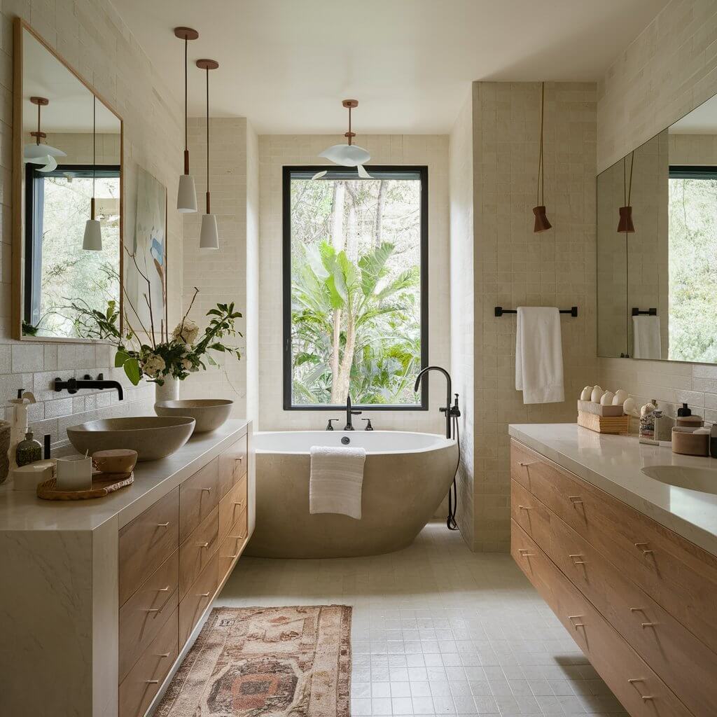 12 Stunning Organic Modern Bathroom Inspirations to Try 3 Elegant organic modern bathroom with a soothing color palette, featuring soft neutrals and natural wood accents. The design blends sleek modern fixtures with organic textures, creating a tranquil and spa-like atmosphere. Perfectly balanced tones of beige, white, and light gray enhance the calming effect, while greenery adds a touch of nature. This serene bathroom exudes minimalist luxury and organic simplicity, making it an ideal example of modern bathroom design trends.
