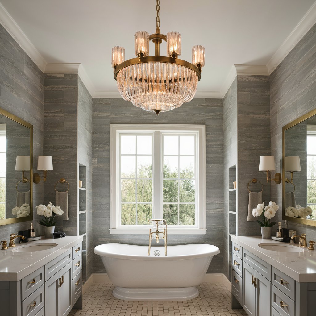 12 Stunning Luxury Bathroom Lighting Ideas to Elevate Your Space 2 Elegant luxury bathroom featuring a striking statement chandelier as the focal point, adding sophistication and ambient lighting. This high-end bathroom lighting idea enhances the room’s opulent design with its bold, decorative chandelier, perfect for those seeking modern elegance and grandeur in their bathroom decor