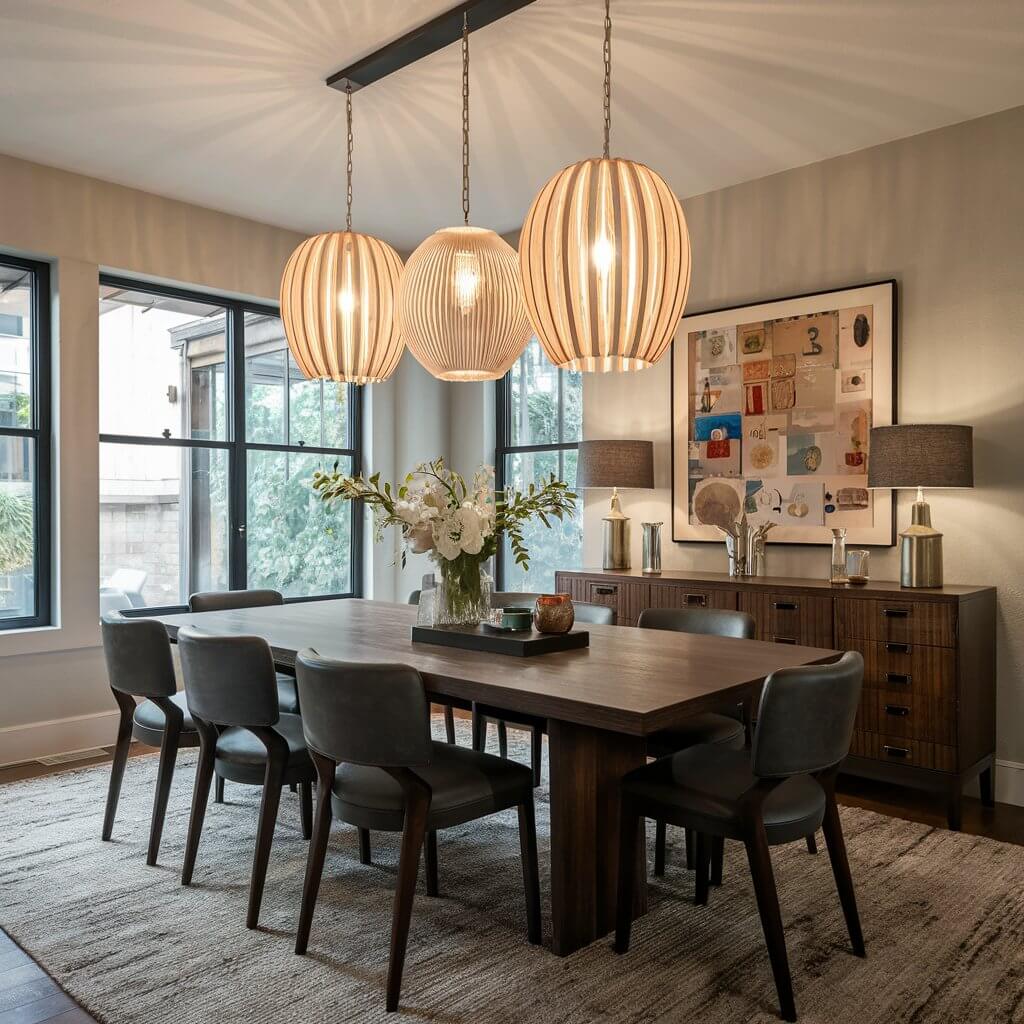 13 Stunning Dining Room Layout Ideas You Need to Try 8 Stylish dining room layout ideas featuring modern statement lighting fixtures that enhance the ambiance and elevate the decor. This elegant design showcases a spacious dining area with a contemporary table, complemented by unique light fixtures that serve as focal points. The harmonious blend of colors and textures creates an inviting atmosphere perfect for gatherings and family dinners