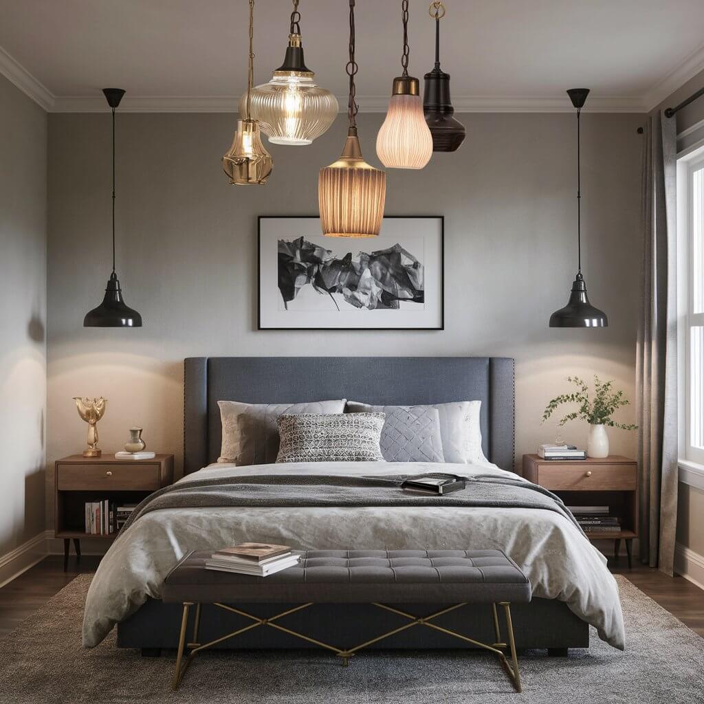 12 Creative Bedroom Décor Light Ideas for Every Style 1 Cozy modern bedroom featuring a stunning statement pendant light as the centerpiece, illuminating the space with soft, warm lighting. The pendant light adds a touch of elegance to the minimalist decor, blending seamlessly with the neutral tones of the room. Ideal for bedroom decor light ideas, this setup showcases how statement pendant lights can transform a space into a cozy yet stylish retreat.
