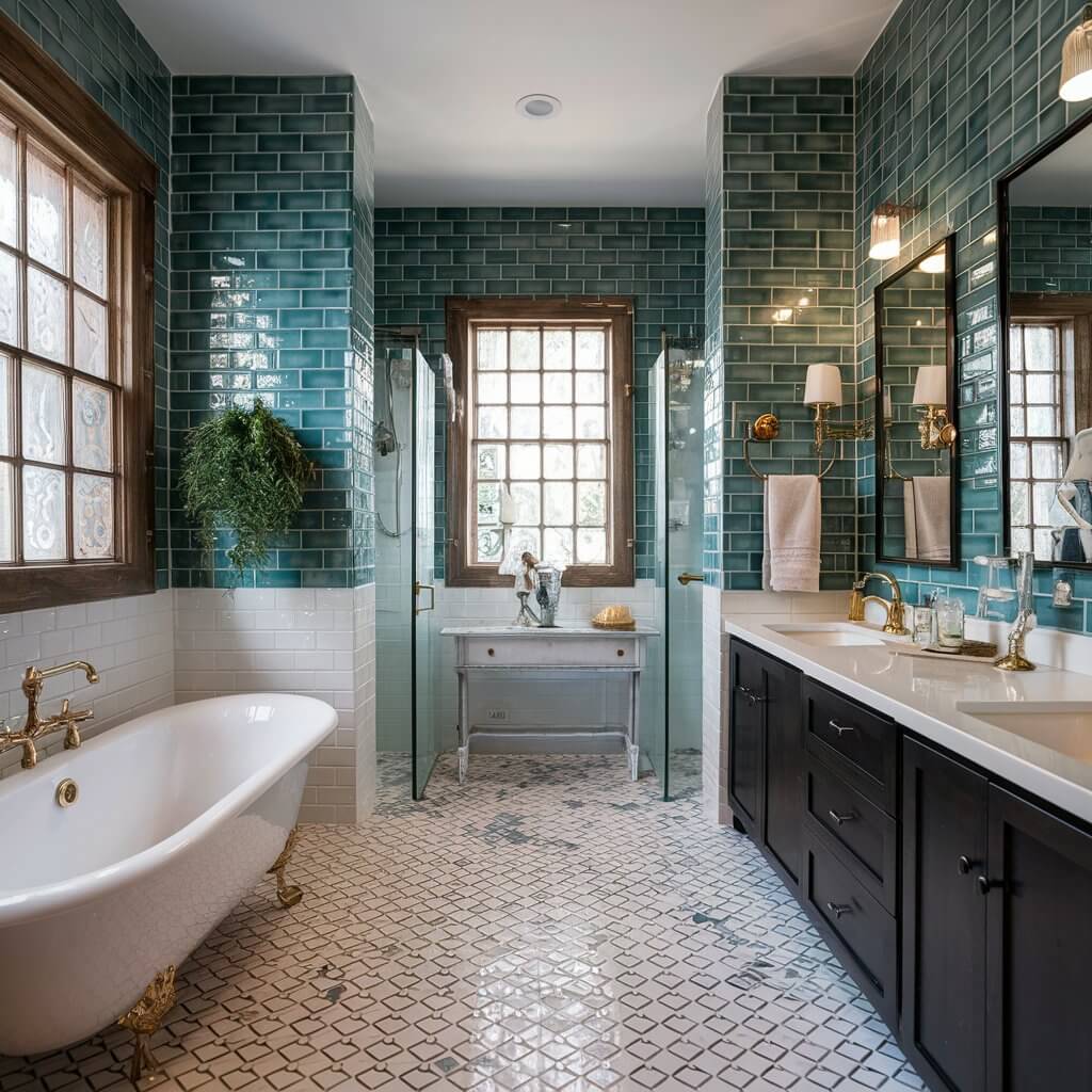 13 Unique Luxury Bathroom Tile Designs to Consider 4 Luxury bathroom tile design featuring subway tiles with a twist. This modern take on classic subway tiles showcases sleek, elongated shapes and a unique layout, adding sophistication and depth to the bathroom. Perfect for those seeking an upscale, elegant tile design that combines timeless style with a contemporary flair.