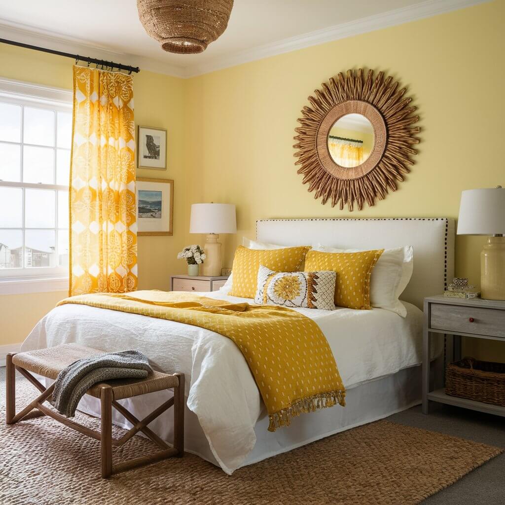 13 Must-Try Coastal Colors for Your Dream Bedroom Makeover 8 Coastal bedroom featuring sun-kissed yellow walls that evoke warmth and brightness, perfectly complemented by soft blue accents and natural textures. This serene color palette creates a refreshing seaside atmosphere, ideal for a tranquil retreat.