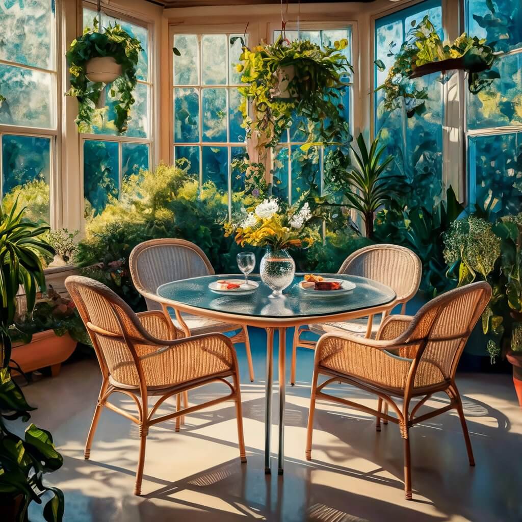 13 Stunning Dining Room Layout Ideas You Need to Try 7 Sunroom dining experience featuring a beautifully arranged dining room layout with natural sunlight pouring through expansive windows. This dining room layout idea includes a cozy yet elegant wooden dining table surrounded by comfortable chairs, greenery accents, and soft neutral tones, creating a welcoming space perfect for meals and gatherings. Ideal for those seeking open, airy dining room inspirations that blend seamlessly with a sunroom setting, making the most of natural light and serene ambiance