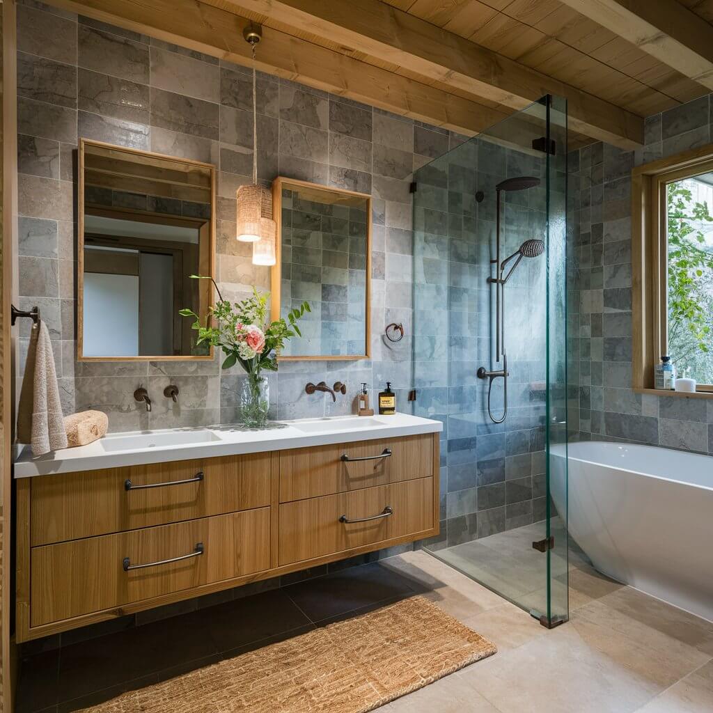 12 Stunning Organic Modern Bathroom Inspirations to Try 9 Organic Modern Bathroom featuring Sustainable Materials: A beautifully designed space that showcases eco-friendly elements, including bamboo cabinetry, recycled glass tiles, and natural stone countertops. This serene bathroom exemplifies the principles of organic modern design, blending functionality with sustainable aesthetics for a tranquil and environmentally conscious retreat.