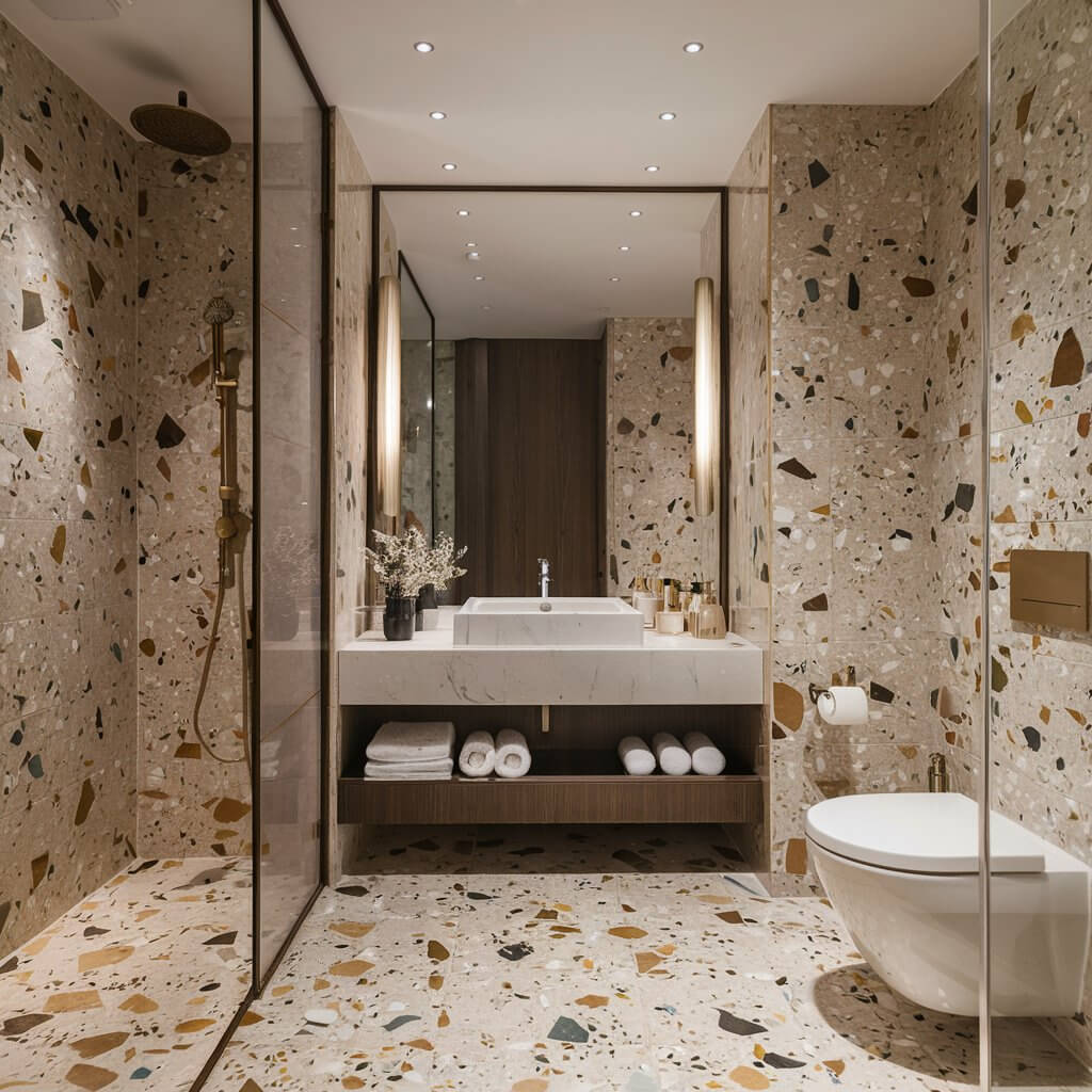 13 Unique Luxury Bathroom Tile Designs to Consider 2 Elegant luxury bathroom showcasing stunning terrazzo tiles, blending modern sophistication with timeless design. The intricate terrazzo pattern adds texture and depth, creating a chic, high-end look. Perfect for those seeking luxurious bathroom tile designs with a contemporary flair.