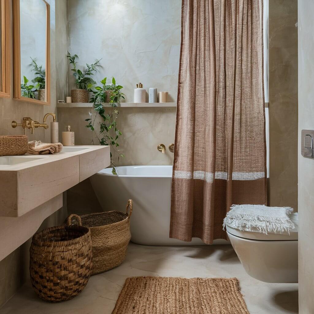 12 Stunning Organic Modern Bathroom Inspirations to Try 7 A beautifully designed organic modern bathroom featuring luxurious textured textiles, including plush towels and a cozy rug, creating a warm and inviting atmosphere. The combination of natural materials, soft hues, and contemporary fixtures highlights the harmony of comfort and style, perfect for a serene spa-like experience.