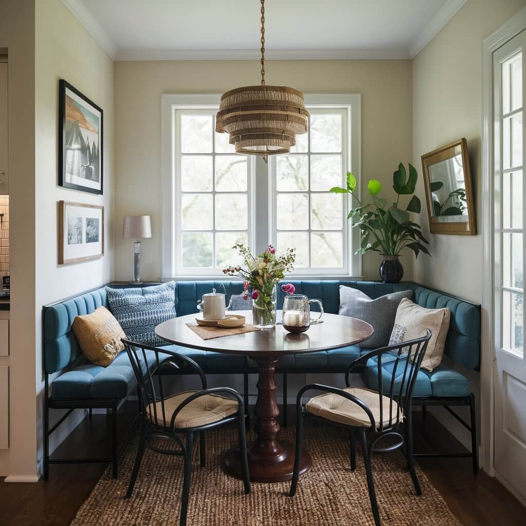 13 Stunning Dining Room Layout Ideas You Need to Try 1 Cozy corner banquette dining room layout idea featuring a stylish nook with built-in seating, ideal for small spaces. This inviting setup combines a comfortable corner banquette with a round dining table, maximizing floor space while creating a relaxed, intimate dining experience. Perfect for modern, farmhouse, or rustic-inspired interiors, this layout offers both functionality and charm, making it a popular choice in cozy and compact dining areas.
