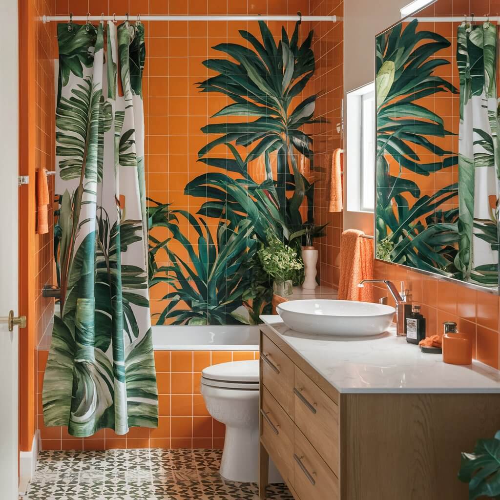 10 Stunning Orange Bathroom Ideas You’ll Want to Copy 9 Bright and bold tropical orange bathroom featuring vibrant orange walls, lush green plants, and natural wood accents, creating a warm, tropical vibe. The vibrant orange color palette adds energy and character to the space, making it an eye-catching bathroom design idea perfect for those seeking a bold yet refreshing aesthetic. This tropical orange bathroom inspires creativity with its modern fixtures and tropical decor elements.
