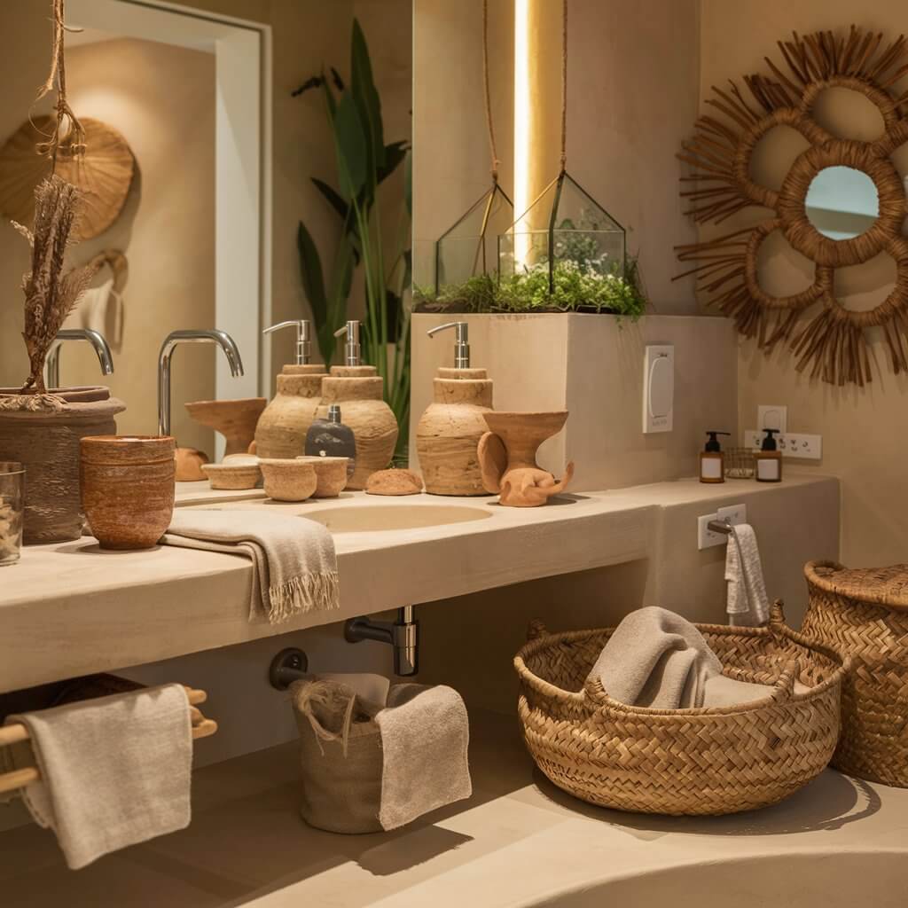 12 Stunning Organic Modern Bathroom Inspirations to Try 12 A beautifully designed organic modern bathroom featuring unique accessories like a handcrafted wooden soap dispenser, natural stone sink, and potted succulents. The space highlights earthy tones, minimalist decor, and sustainable materials, creating a serene and eco-friendly ambiance that enhances the modern aesthetic.