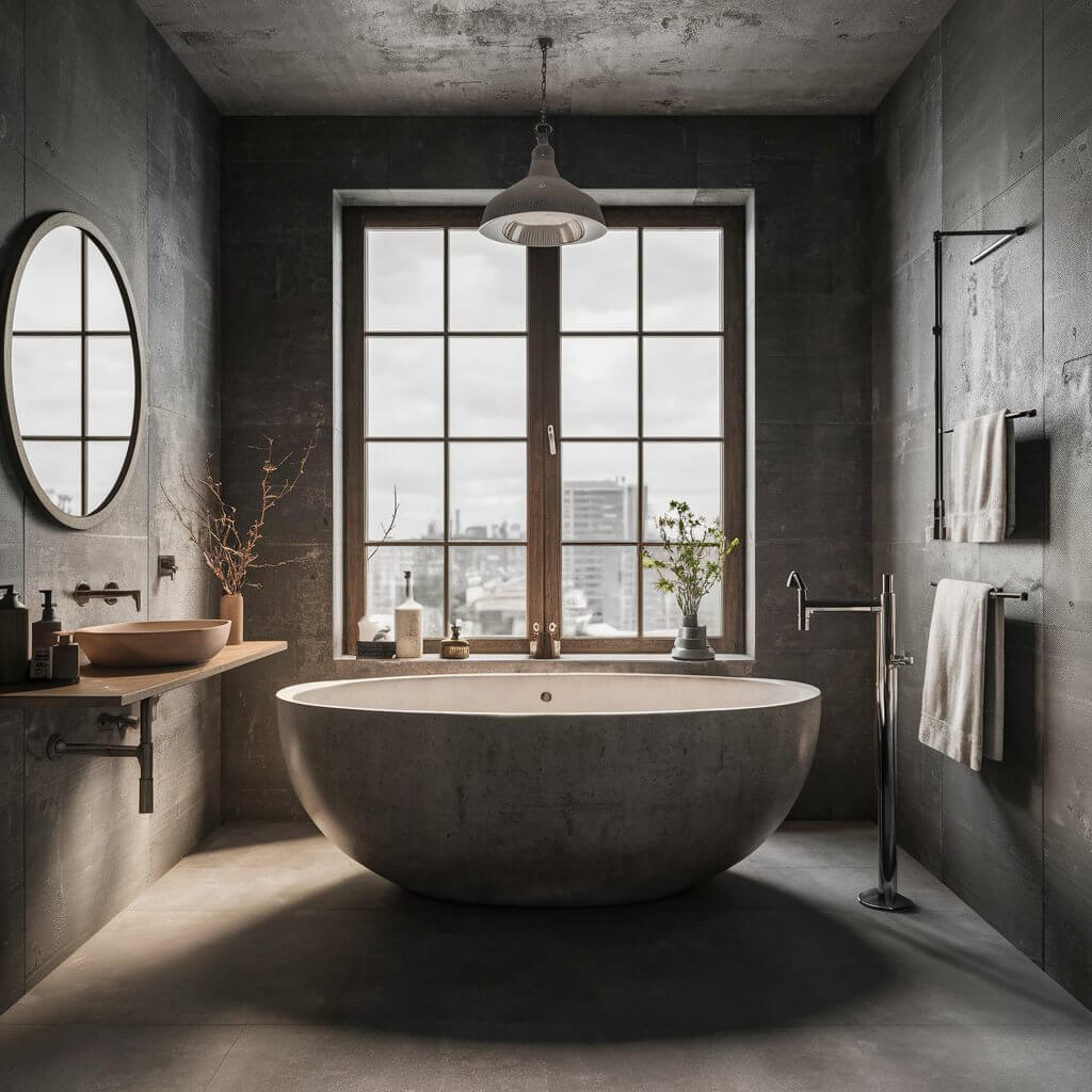 12 Industrial Style Bathroom Ideas That Will Change Your Space Forever 10 A stylish industrial bathroom featuring a unique freestanding bathtub with sleek metal accents and rustic exposed piping. The combination of concrete walls, vintage fixtures, and this eye-catching bathtub creates a perfect blend of modern and industrial design. Ideal for anyone seeking innovative industrial bathroom ideas with a focus on standout elements like unique bathtubs.