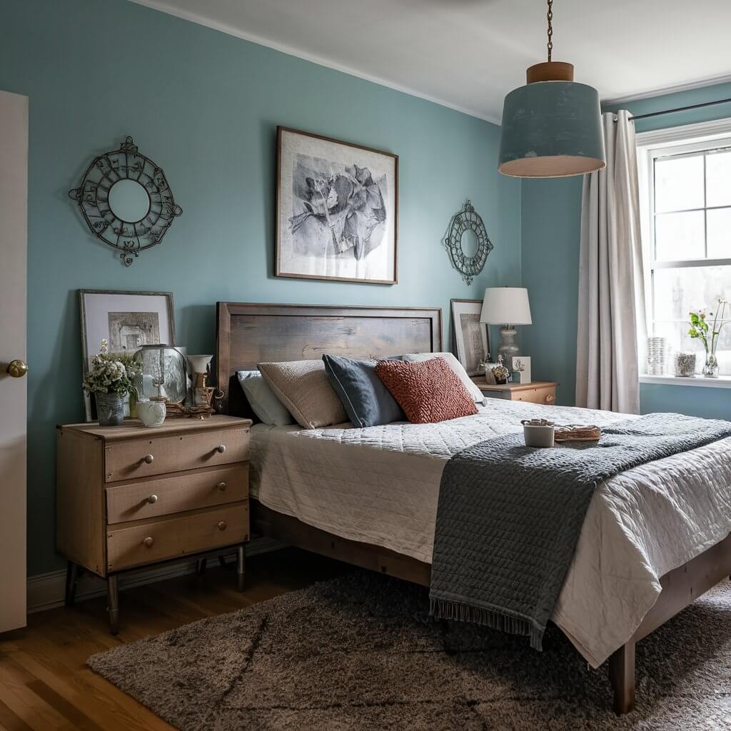 Cozy vintage bedroom decor featuring upcycled furniture pieces, including a refurbished wooden dresser and a reupholstered armchair. The rustic charm of repurposed materials adds character and sustainability to the space, perfect for those seeking eco-friendly and stylish vintage bedroom decor ideas.
