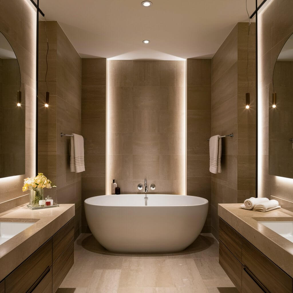 12 Stunning Luxury Bathroom Lighting Ideas to Elevate Your Space 8 Elegant luxury bathroom showcasing soft uplighting for a soothing ambiance. The warm, diffused lighting enhances the spa-like atmosphere, highlighting modern fixtures and marble accents. Perfect lighting solution for a relaxing, upscale bathroom experience.